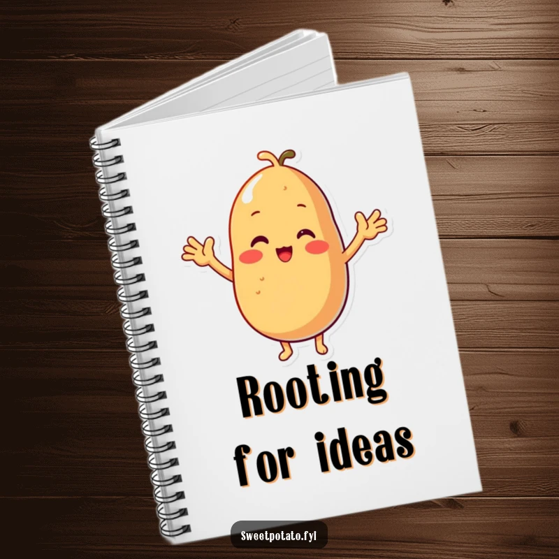 Funny notebook cover featuring a sweet potato character with tiny arms, cheering enthusiastically for your ideas.