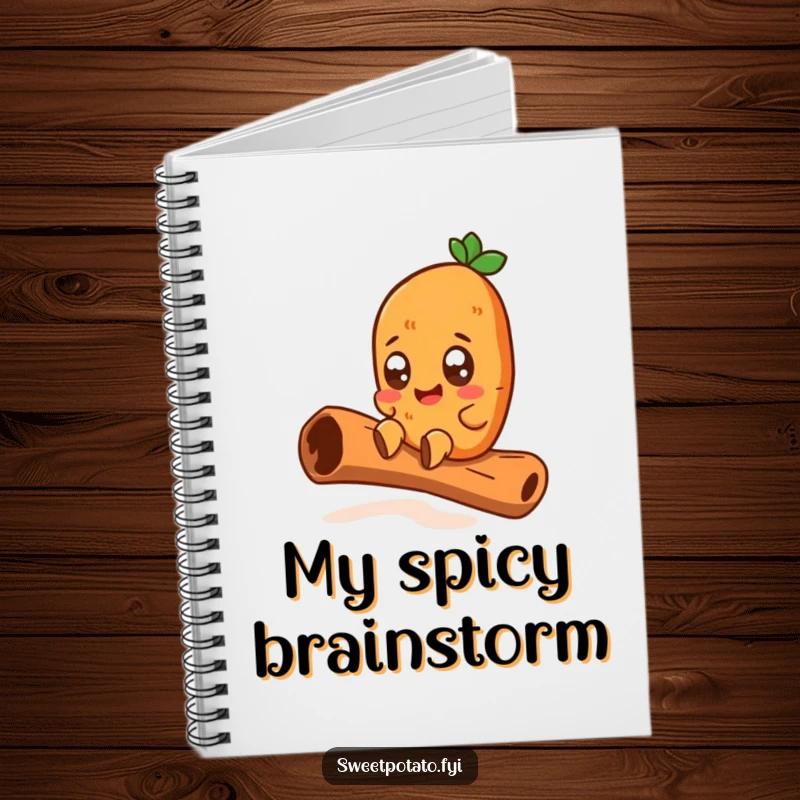 Funny notebook featuring a wide-eyed sweet potato character joyfully sliding down a giant cinnamon stick, ideal for documenting exciting thoughts and humorous adventures.