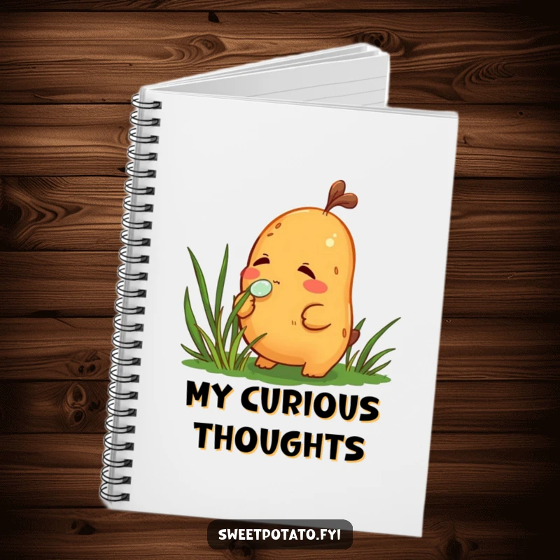 Funny notebook with a curious sweet potato character sniffing a dewdrop on grass, ideal for jotting down observations with humor.