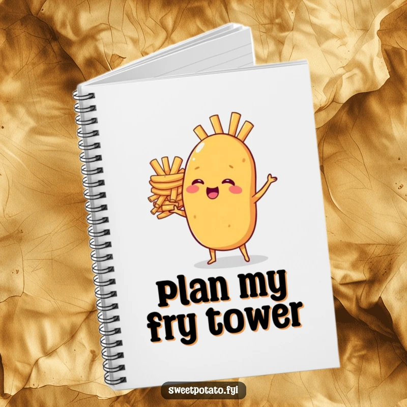 Funny notebook: A sweet potato character giggles while balancing a tall stack of french fries, inspiring fun journaling and note-taking.