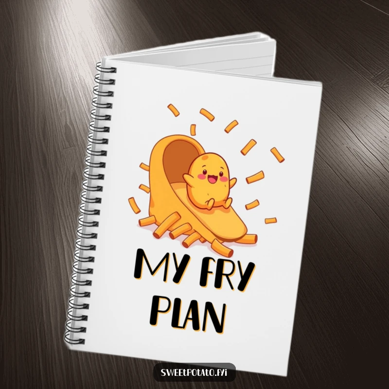 Funny notebook cover featuring a cheerful sweet potato character sliding down a chute made of sweet potato fries.