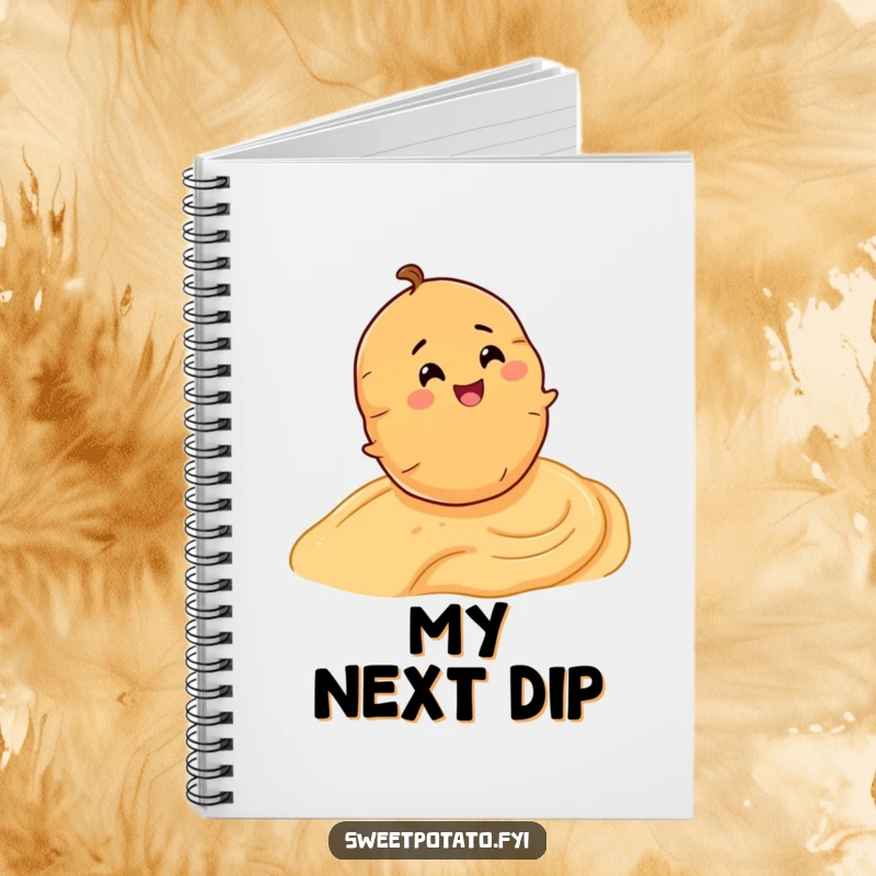 Funny notebook cover featuring a smiling sweet potato character rolling enthusiastically down a hummus slope.