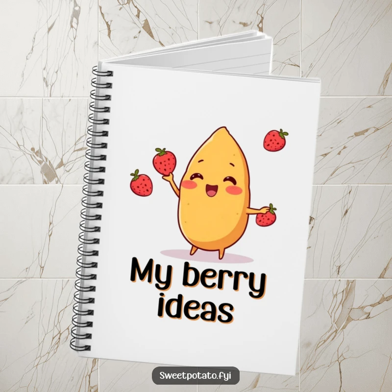 Funny sweet potato character cheerfully juggling three small berries on a notebook, perfect for cheerful note-taking, a humorous and wholesome funny gift.