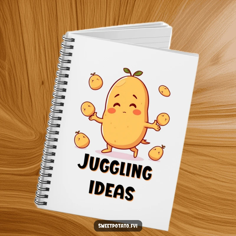 Funny notebook: A sweet potato character grins widely while juggling small potatoes, inspiring creativity and fun note-taking.
