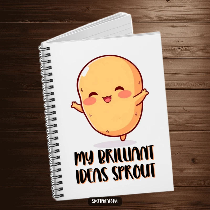 Funny notebook cover illustrating a rosy-cheeked sweet potato in mid-air, ready to inspire notes with potato-powered enthusiasm.