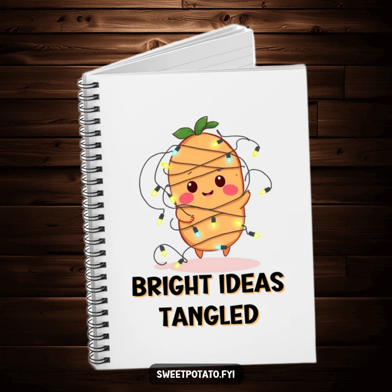 Funny notebook with a sweet potato character comically tangled in a string of fairy lights, perfect for jotting notes with humor.