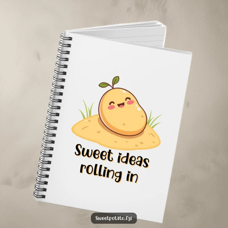 Funny sweet potato notebook, featuring a cartoon sweet potato happily rolling down a sandy hill, ideal for jotting down notes with a smile.