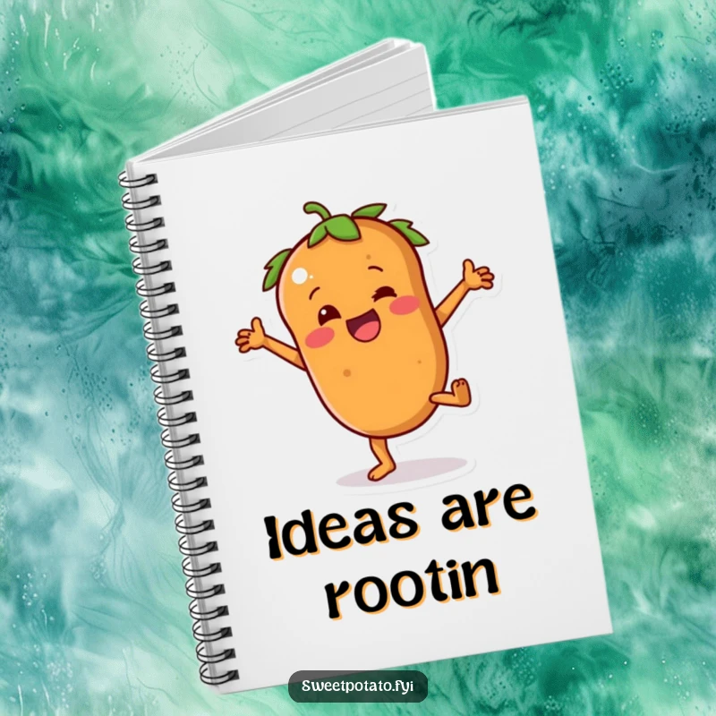 Funny sweet potato notebook with a character joyfully attempting a cartwheel, perfect for writing and doodling.