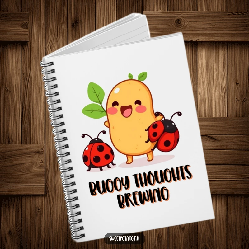 Funny sweet potato notebook with a character excitedly trying to ride a ladybug, perfect for writing.