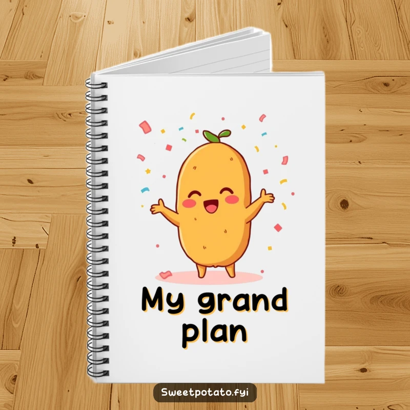 Funny notebook cover with a beaming sweet potato character joyfully scattering confetti, inspiring bright ideas.