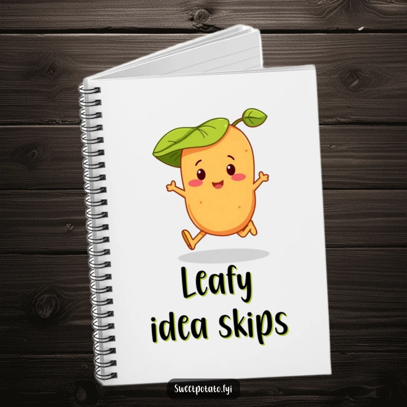 Funny notebook cover with a sweet potato character wearing a leaf hat, cheerfully skipping and ready for your notes.