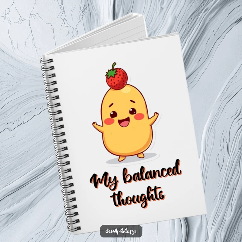 Funny notebook featuring a grinning sweet potato character balancing a strawberry on its head, ideal for jotting down playful ideas and humorous notes.