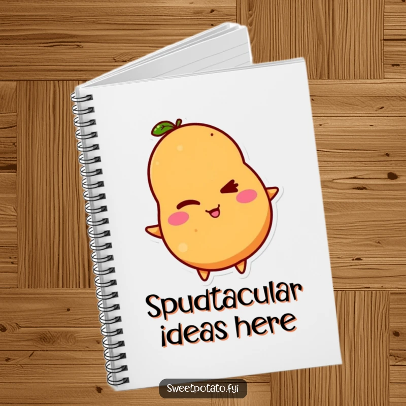 Funny notebook with a sweet potato character winking playfully, perfect for jotting down witty notes and funny ideas.