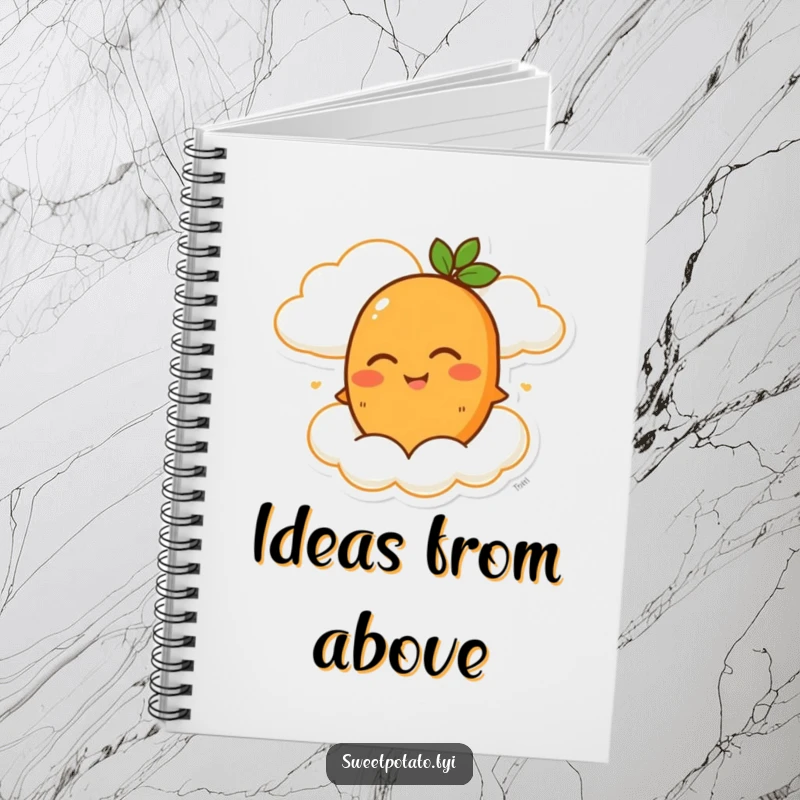 Funny notebook cover with a winking sweet potato character riding a happy cloud, perfect for journaling and creative writing.