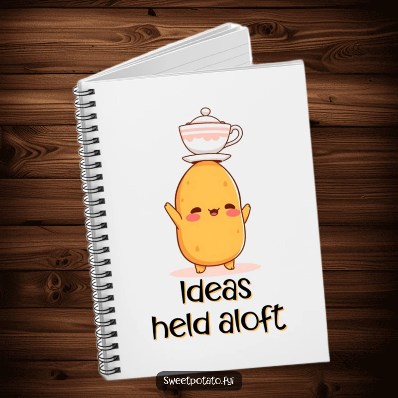 Funny notebook with a sweet potato character balancing a small teacup on its head, perfect for jotting notes with humorous focus.