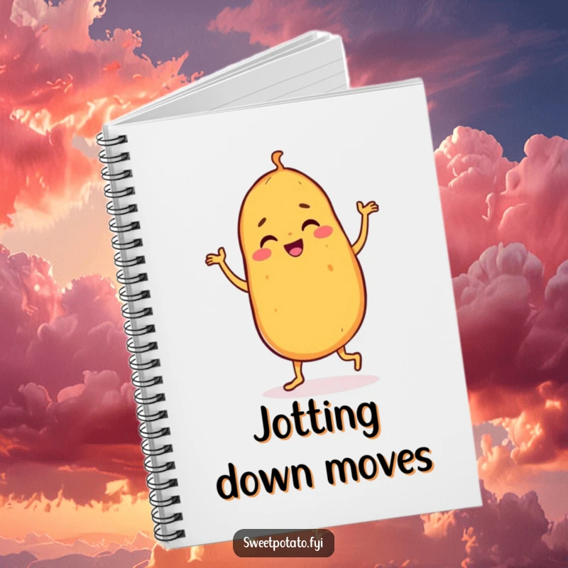 Funny sweet potato notebook with a dancing character doing a joyful jig, ideal for jotting down ideas with a touch of lively energy.