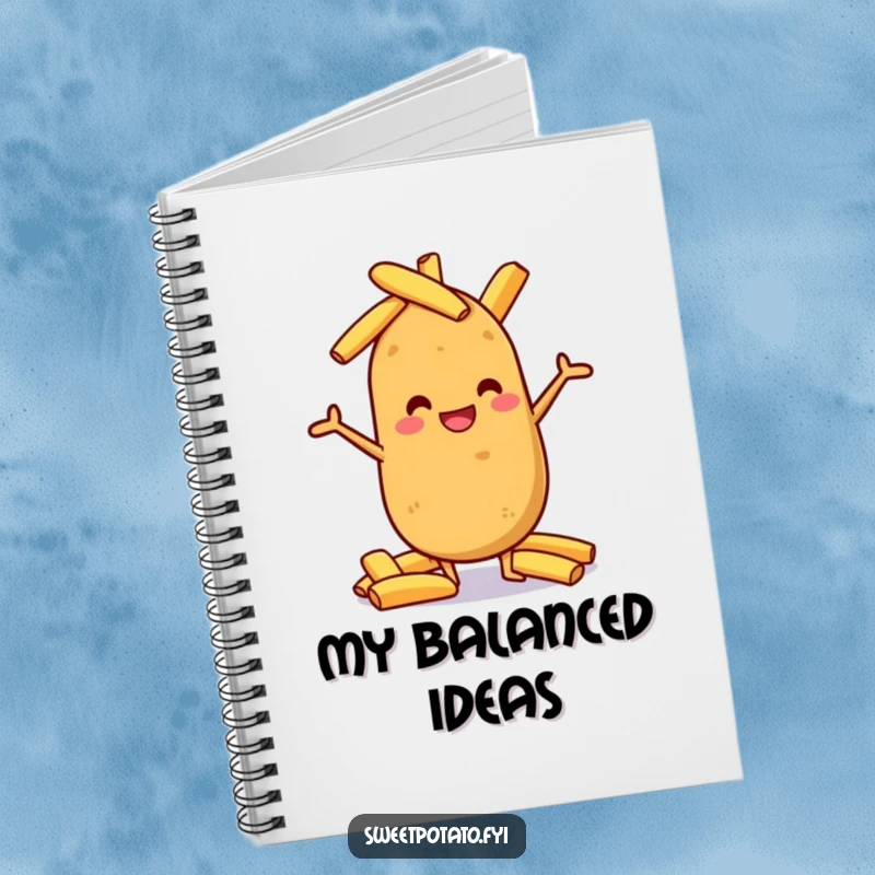Funny sweet potato grinning, balancing potato wedges, a humorous notebook for organized minds.