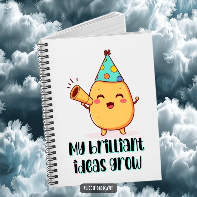 Funny happy sweet potato character wearing a party hat and blowing a horn on a humorous notebook for capturing celebratory ideas.