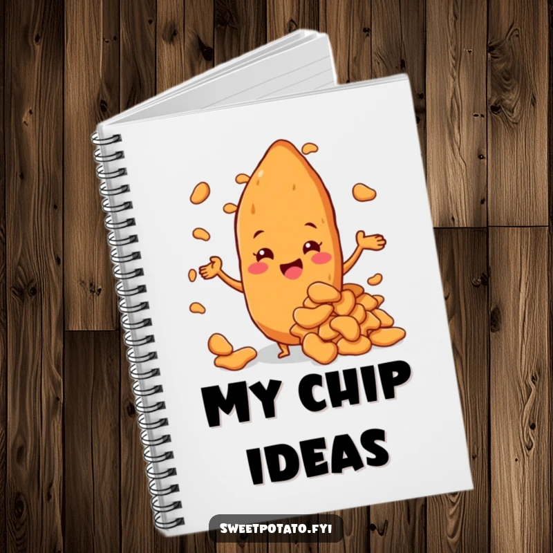 Funny sweet potato character beaming with pride, presenting a giant heap of sweet potato chips, a triumphant notebook.