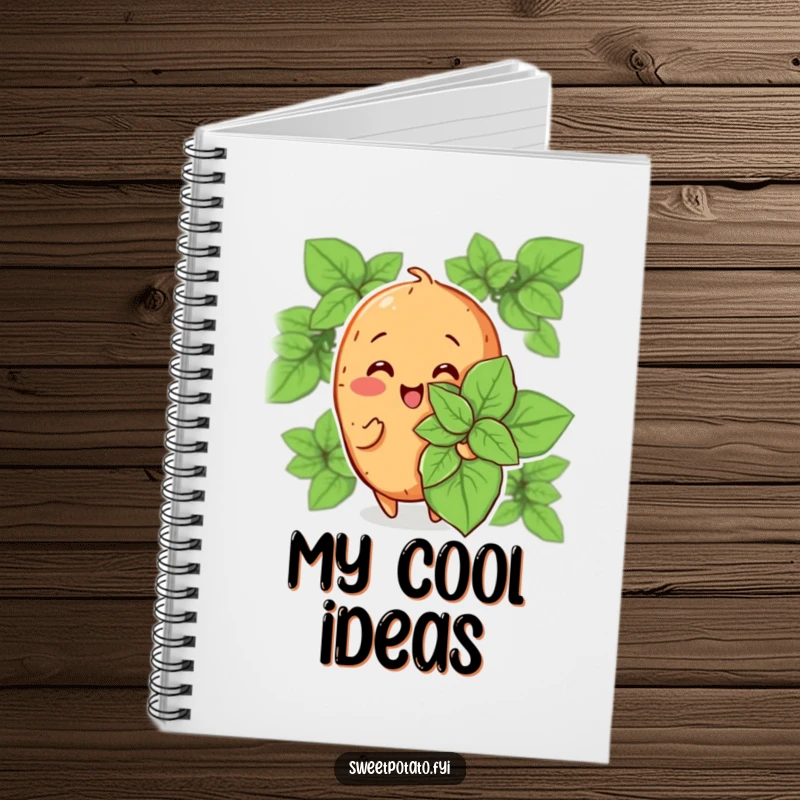 Funny notebook featuring a cheerful sweet potato character fanning itself with a large mint leaf, ideal for jotting down cool ideas and humorous notes.