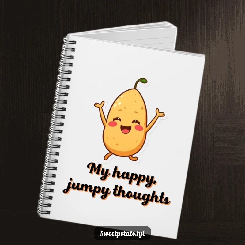 Funny notebook cover featuring a sweet potato character joyfully jumping, excellent for writing and drawing.