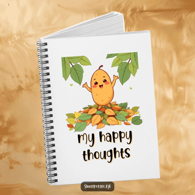 Funny cheerful sweet potato character happily dancing on a pile of leaves, featured on a humorous notebook.