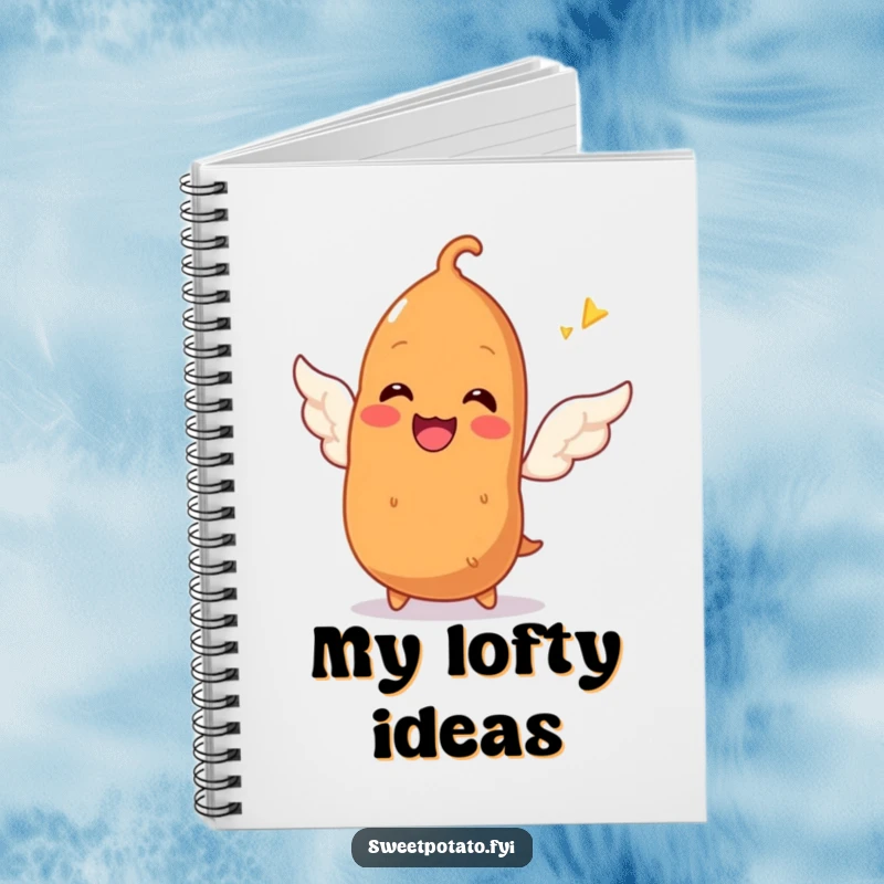 Funny notebook featuring a smiling sweet potato character attempting to sprout tiny wings, ideal for jotting down aspirations and humorous thoughts.