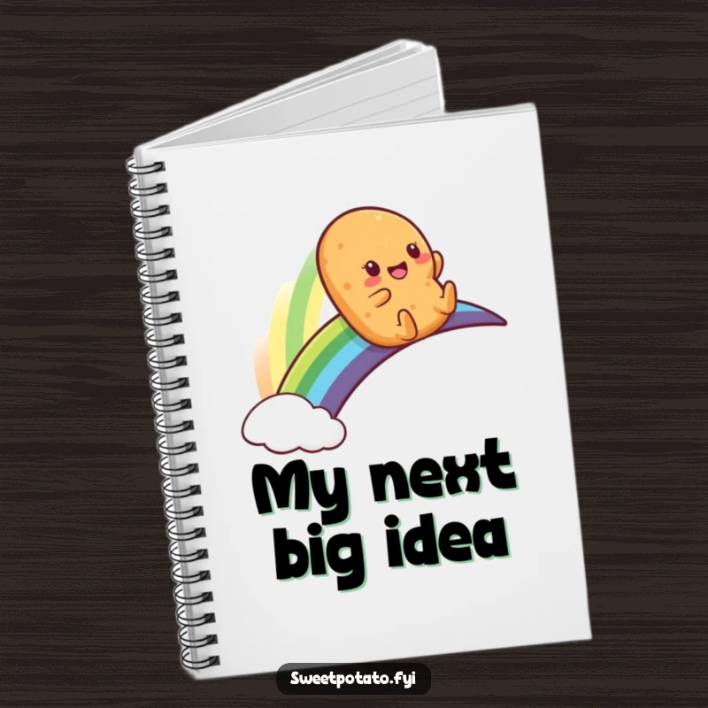 Funny notebook cover illustrated with a sweet potato character sliding down a vibrant rainbow, inspiring fun thoughts.
