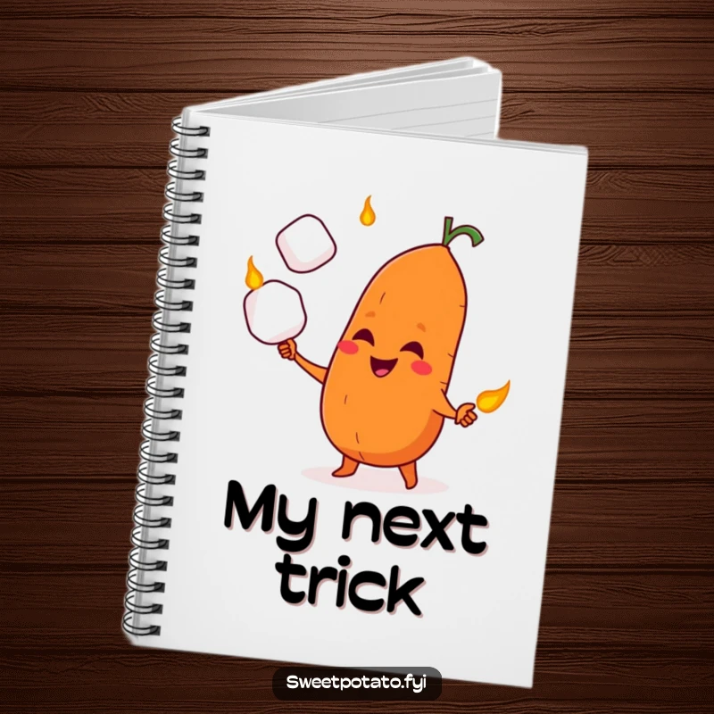 Funny notebook cover featuring a sweet potato character with a mischievous grin, juggling roasted marshmallows.