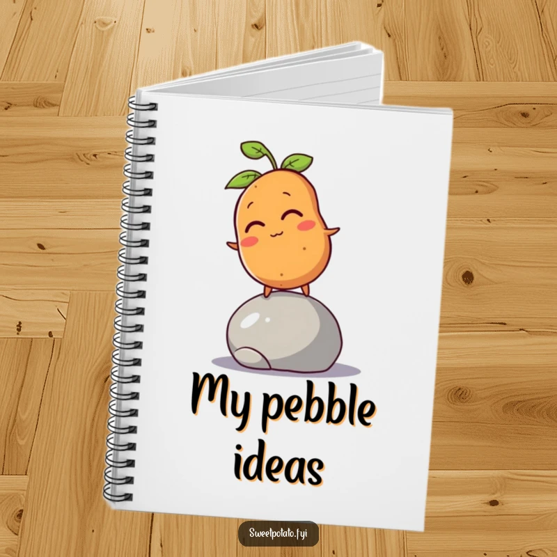 Funny sweet potato character winking, trying to balance on a rolling pebble, designed on the cover of a notebook.