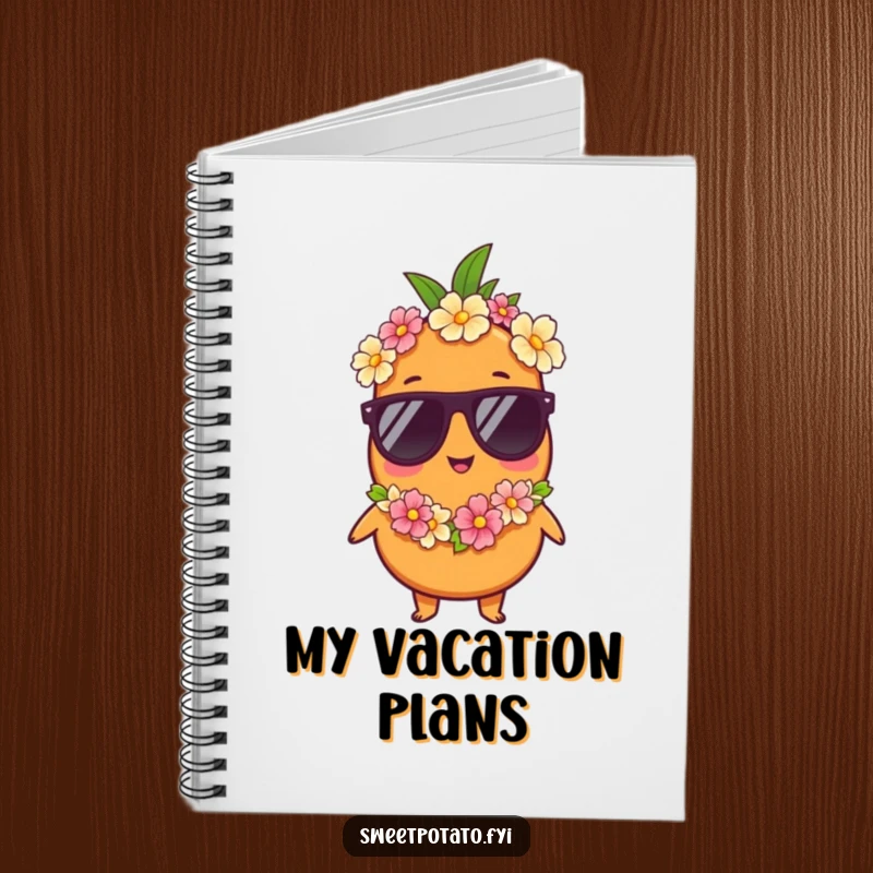 Funny notebook: A sweet potato character in sunglasses and a lei exudes a relaxed vacation vibe, perfect for travel journaling.