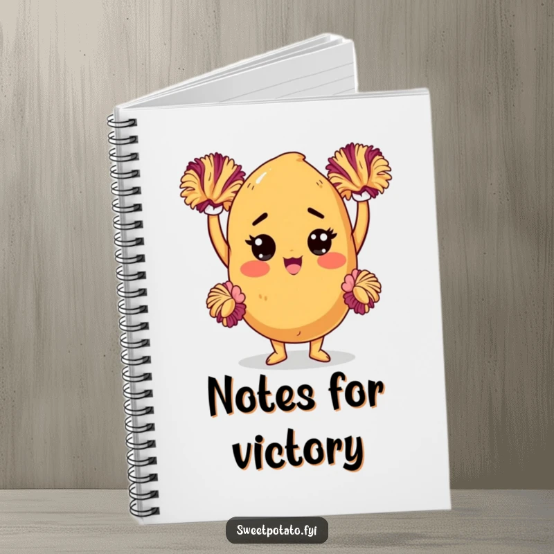 Funny sweet potato notebook featuring a determined character with pom-poms, ideal for taking notes with a touch of motivational energy.