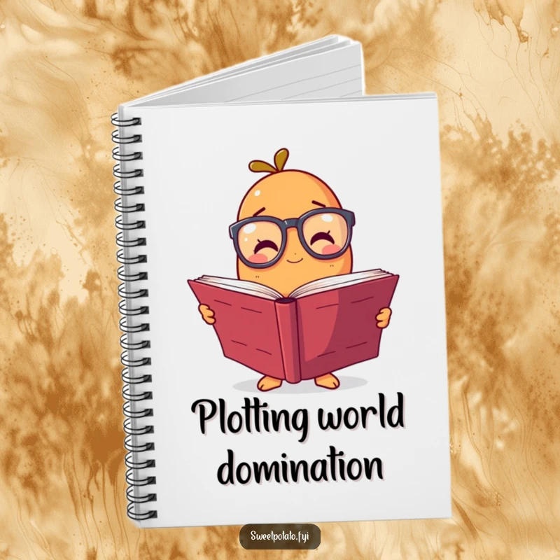 Funny notebook with a sweet potato character wearing glasses, reading a big book, perfect for jotting notes with humorous inspiration.