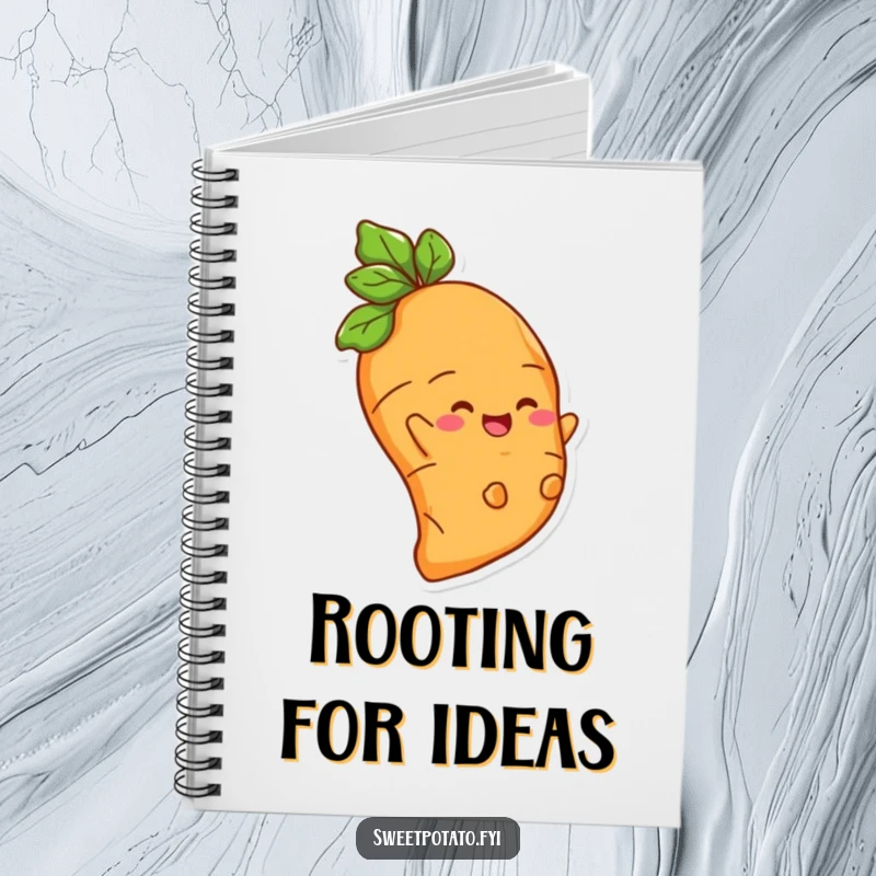 Funny notebook with a happy sweet potato character sliding down a root, inspiring creative thoughts.
