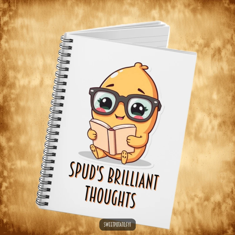 Funny notebook with a sweet potato character in oversized glasses, giggling while reading, inspiring smart notes.