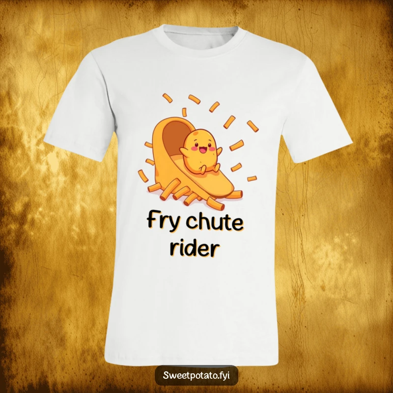 Funny t-shirt featuring a cheerful sweet potato character having a blast sliding down a chute made of delicious sweet potato fries.