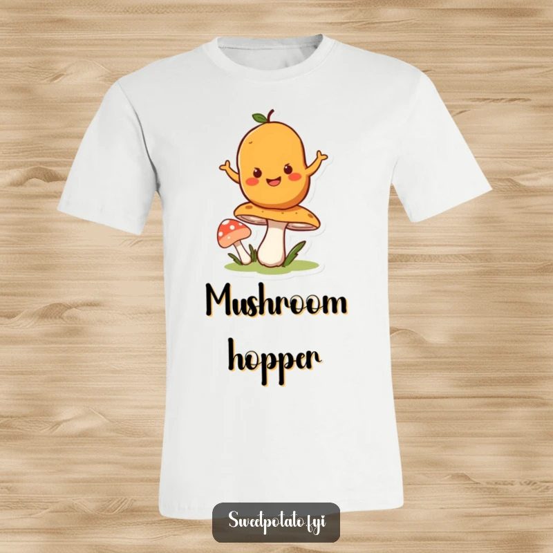 Funny t-shirt depicting a joyful sweet potato character mid-bounce on a springy mushroom, full of energy.