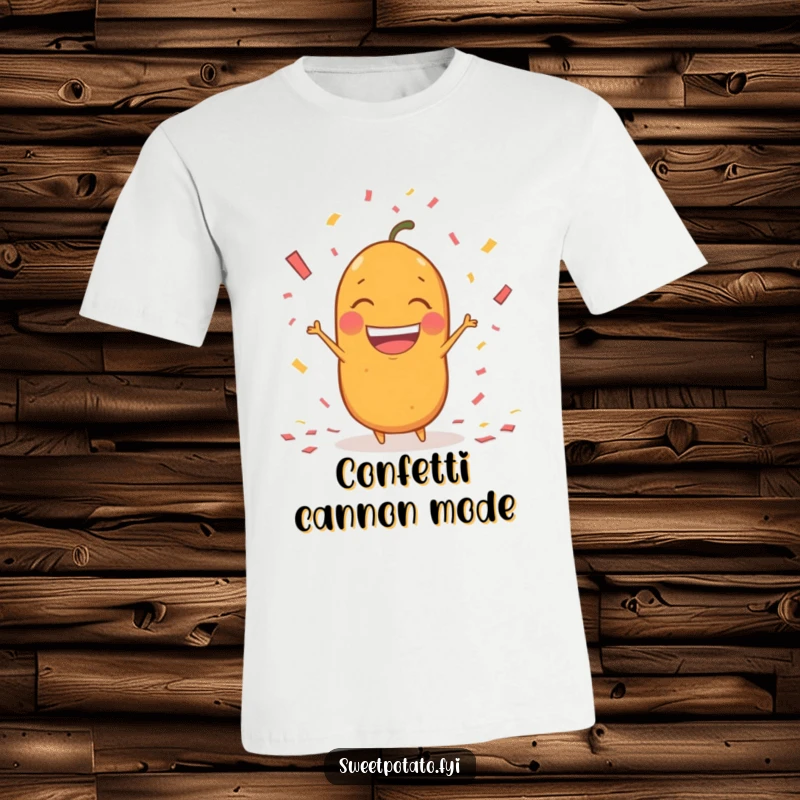 Funny sweet potato character t-shirt, joyfully throwing confetti with a huge, excited grin, perfect for party lovers.