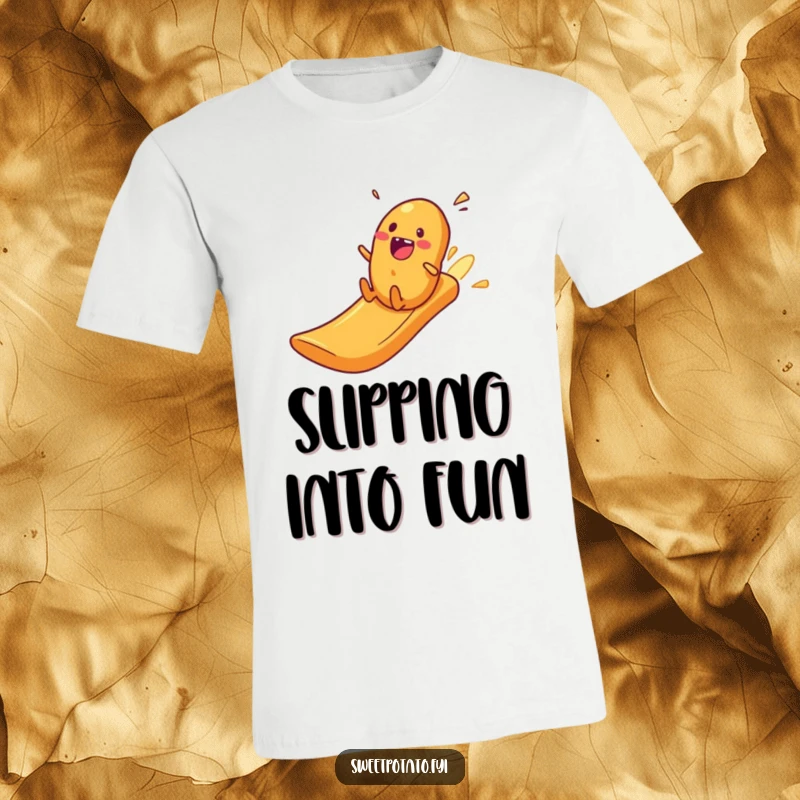 Funny sweet potato character speeding down a potato crisp slide, an energetic and humorous t-shirt.