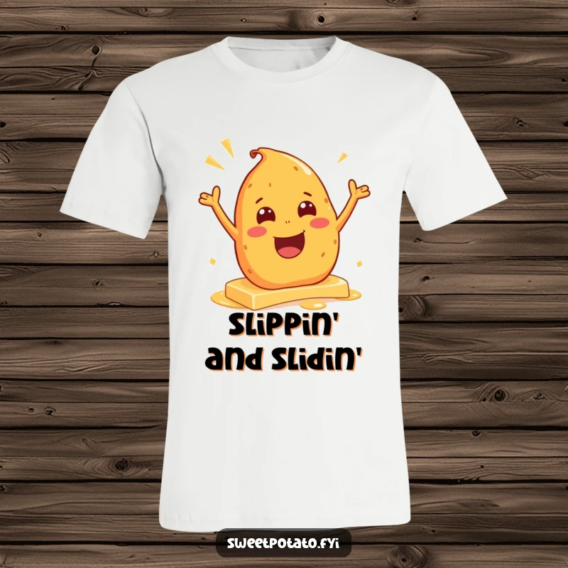 Funny t-shirt depicting an excited sweet potato character in mid-slide on a slippery surface of butter, a comical and dynamic scene.