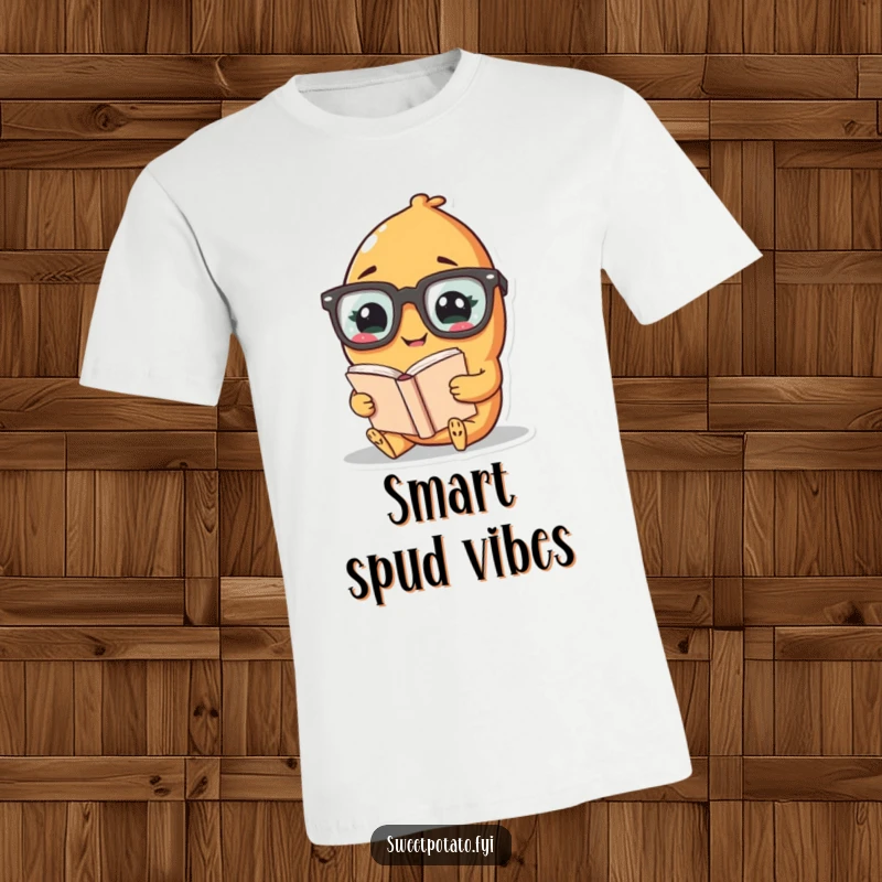 Funny t-shirt showing a sweet potato character with oversized glasses, giggling while reading a book.