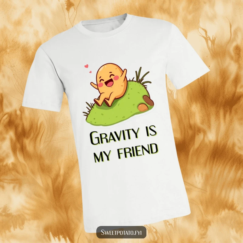 Funny giggling sweet potato character enthusiastically sliding down a grassy hill, printed on a hilarious t-shirt.
