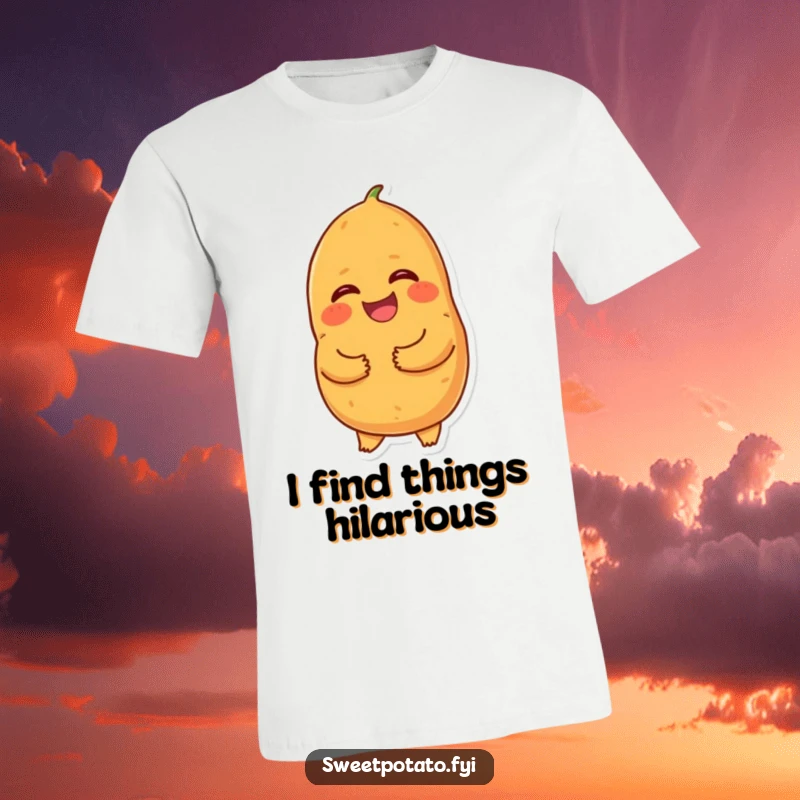 Funny giggling sweet potato t-shirt, a cartoon sweet potato holding its tummy and laughing heartily, a hilarious and joyful design.