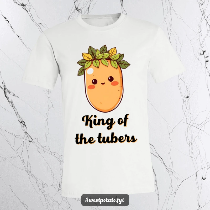 Funny t-shirt featuring a sweet potato character wearing a crown of leaves, exuding a sense of noble, playful royalty.