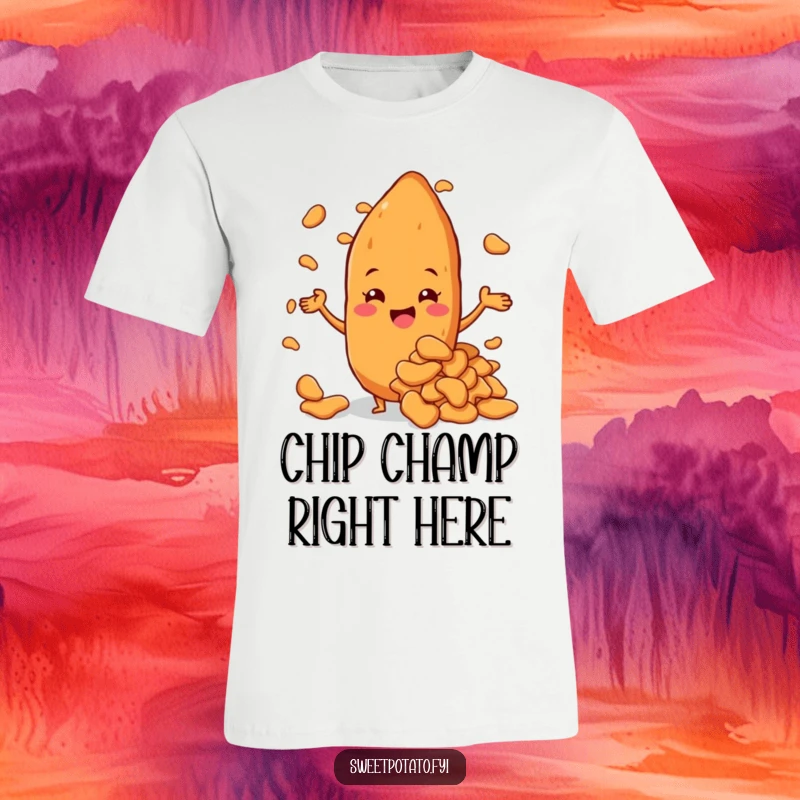 Funny sweet potato character beaming with pride, presenting a giant mound of crispy sweet potato chips, a fun t-shirt.