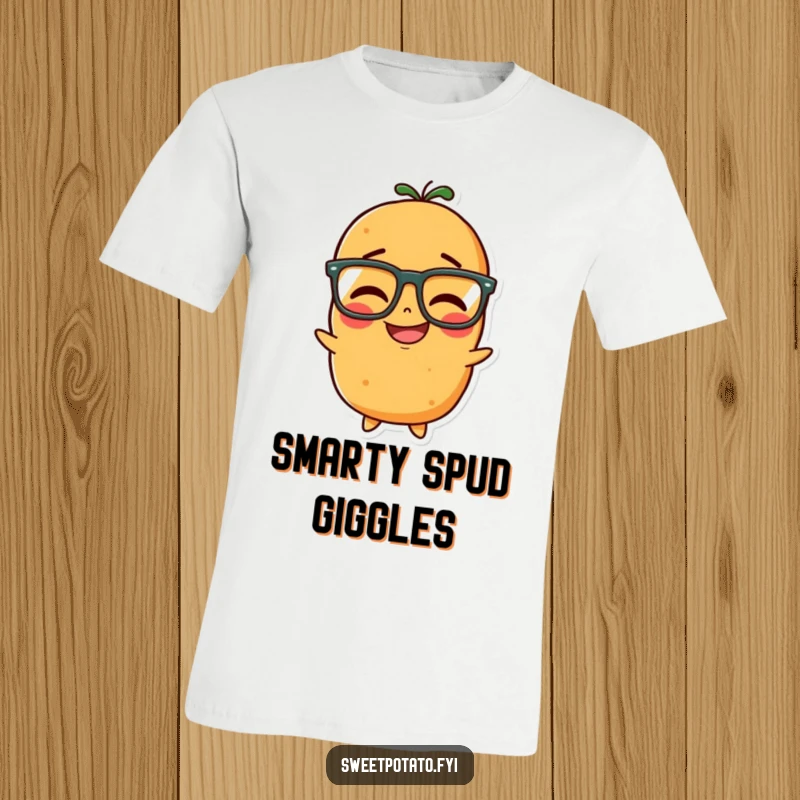 Funny t-shirt showcasing a sweet potato character with glasses, caught in a moment of joyful, intelligent giggling.