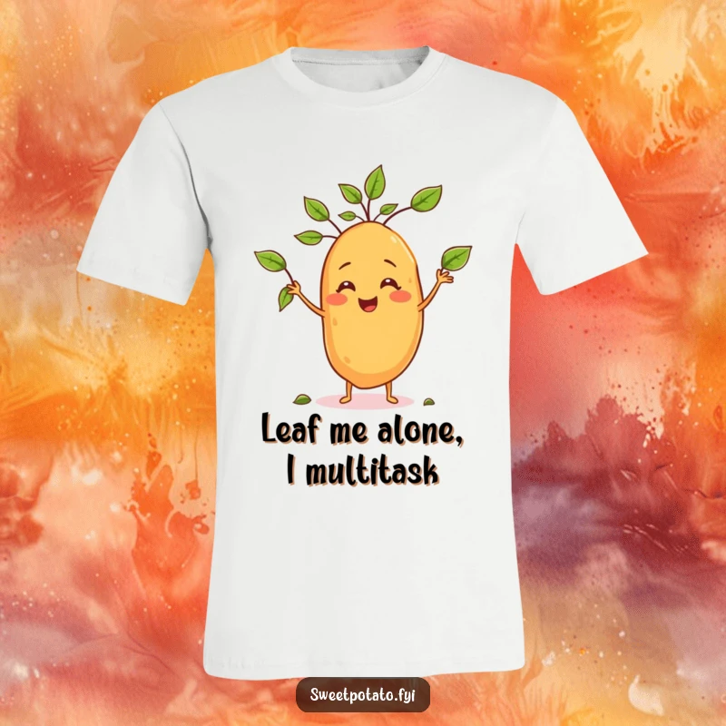 Funny t-shirt depicting a cheerful sweet potato character skillfully juggling tiny leaves, exuding playful energy.