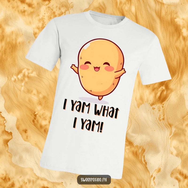 Funny t-shirt showcasing a rosy-cheeked sweet potato energetically jumping, capturing a moment of pure, veggie-inspired delight.