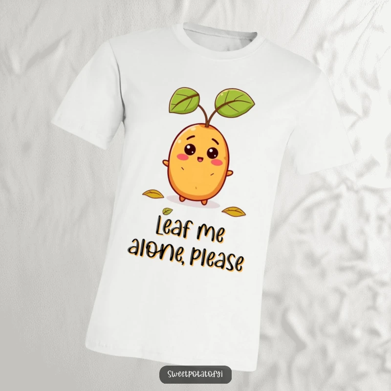 Funny t-shirt showing a sweet potato with a shocked face reacting to a falling leaf, ideal for humor enthusiasts.
