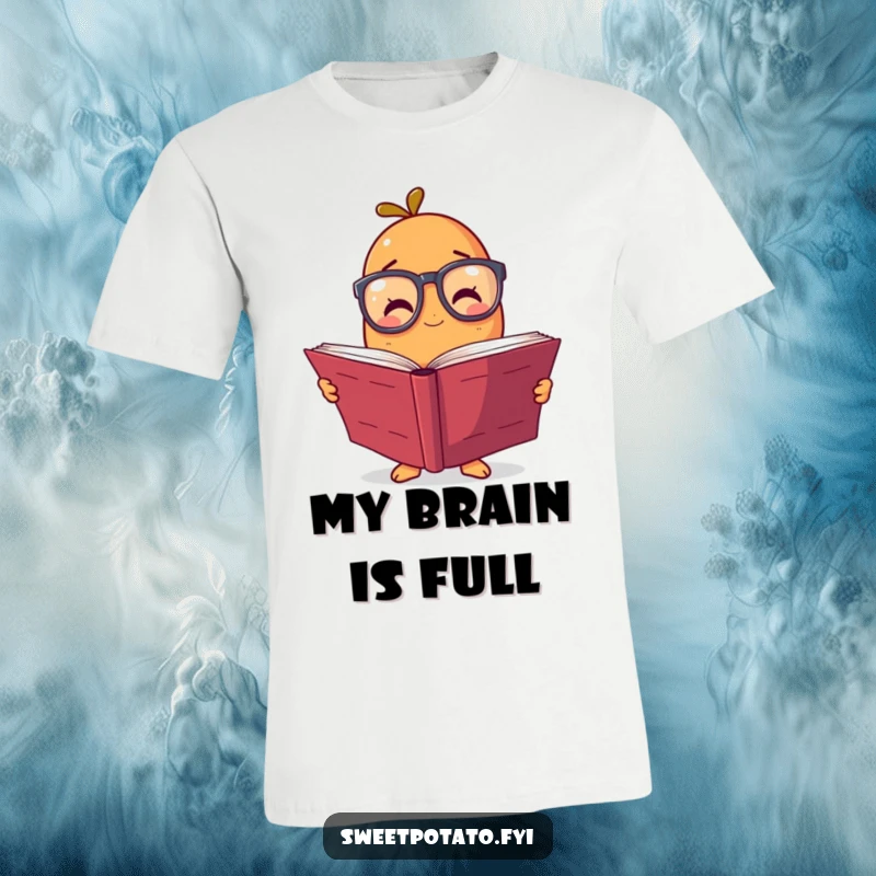 Funny t-shirt featuring a sweet potato character with big glasses reading a gigantic book, looking studious and humorous.